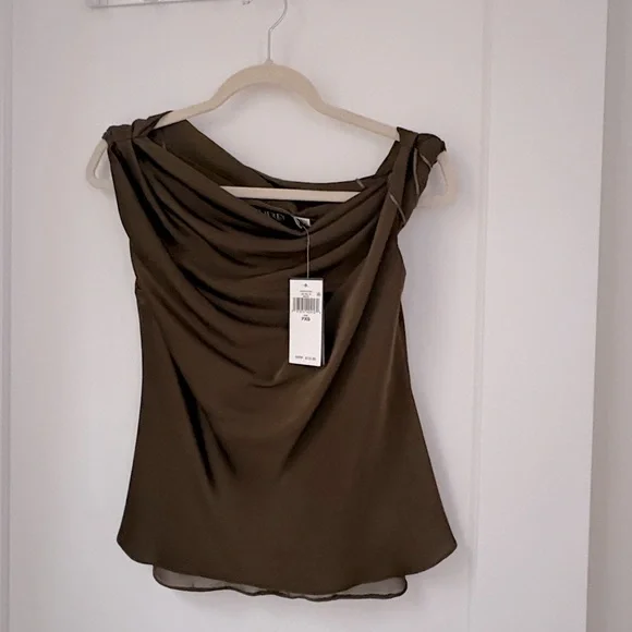 NWT Ralph Lauren Satin Charmeuse Off-the-Shoulder Blouse Botanic Green XSP - Picture 4 of 7